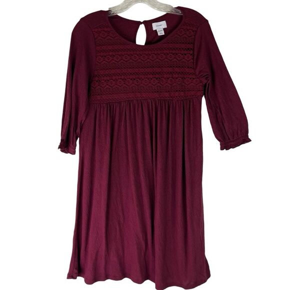 Old Navy Dress Girls Burgundy Wine Crinkle Jersey Lace Trim Swing Dress XL 14 - Picture 1 of 8